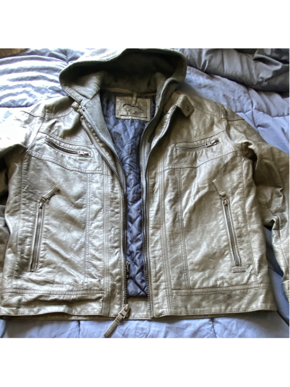Calvin Klein Men's L Gray Leather Hooded Full Zip Lined Short Jacket Logo - Picture 2 of 6